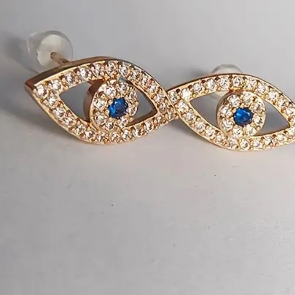 Gold Cubic Zirconia Evil Eye Earrings, Evil Eye Studs, Stud Earrings - Picture 3 of 7